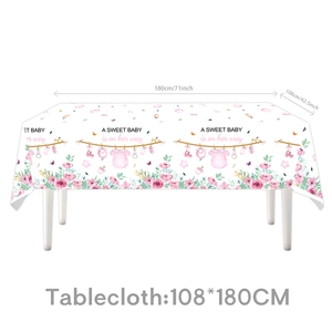 Pink floral baby shower tablecloth featuring a sweet baby girl text, 108cm x 180cm size