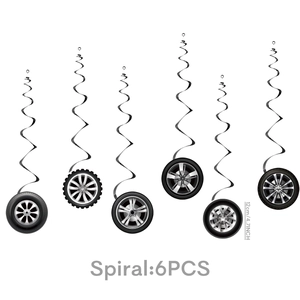 Hanging race car tire party decorations with six black spirals and 4.7-inch wheel charms