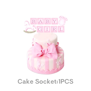 Close-up of pink Baby Girl cake socket decorations with stroller and bodysuit patterns