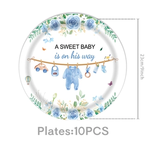 Detail of 9-inch blue floral baby shower disposable plates with a sweet baby boy theme
