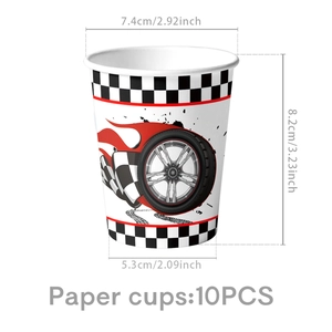Racing tire theme party disposable paper cups with checkered flag design and dimensions