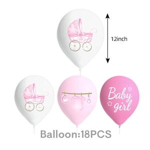 Detail of 18pcs 12-inch baby girl shower balloons with carriage and text prints