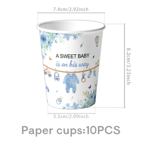 Detailed size chart for blue baby shower paper cups featuring watercolor floral patterns