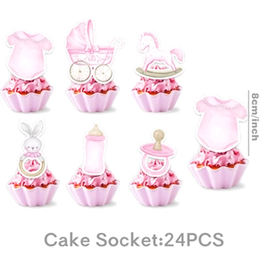 Detailed view of watercolor baby shower cake toppers including stroller and rattle designs
