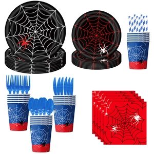 Detail of Halloween spider web party tableware set including plates, cups and cutlery