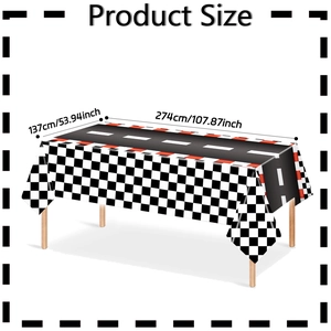 Racing track themed birthday party tablecloth with checkered pattern size details 137x274cm