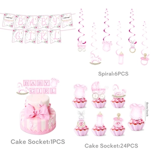 Detailed pink floral Baby Shower decoration set including banners and cake toppers