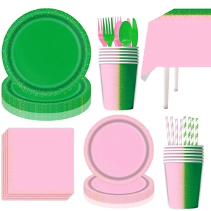 Set de vaisselle de fête rose et vert avec assiettes, gobelets et serviettes à paillettes