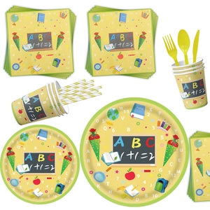 School party tableware set with yellow plates cups and napkins featuring classroom elements
