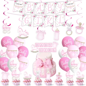 Floral Baby Shower party decoration set with Baby Girl banners and pink cupcake toppers