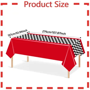 Detailed size chart for racing theme tablecloth measuring 137x274cm in red and checkers