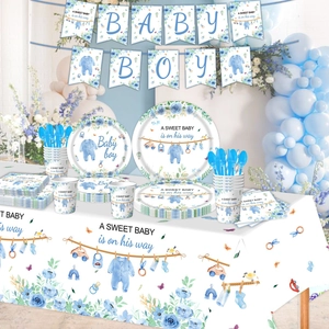 Blue baby boy shower party tableware set with floral design and baby laundry line banner