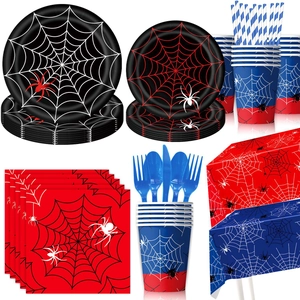 Complete spider web theme party tableware set with red and blue plates and accessories