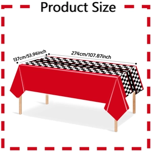 Racing car themed red tablecloth with checkered pattern and 137x274cm dimensions