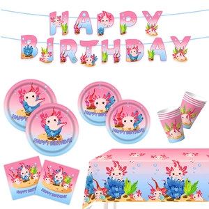 Pink axolotl birthday party supplies set with banner, paper plates, and napkins