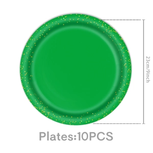 Détail des assiettes jetables vertes de 23 cm avec paillettes dorées, lot de 10