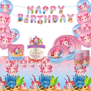 Pink Axolotl birthday party set with banner, balloons, plates and themed table decorations