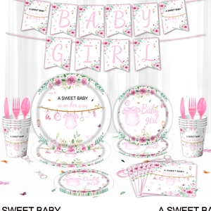 Baby Girl Shower Party Supplies Set Pink Floral Disposable Paper Plates Cups Napkins Cutlery For Birthday Baptism Decoration