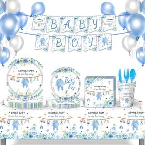 Blue baby shower party tableware set with balloons, banner and floral theme decorations