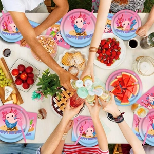 Cute pink Axolotl party tableware set with paper plates and napkins for birthday party decor