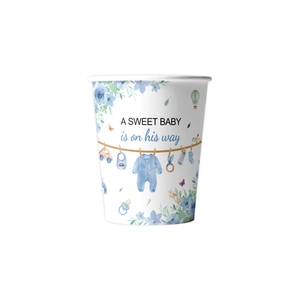 Blue baby shower paper cup with floral and baby motifs for boy party decorations