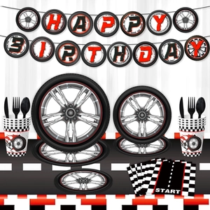 Racing Wheel Theme Birthday Party Tableware Collection Checkered Flag Paper Plates Cups Napkins Banner Tablecloth For Kids