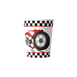 Racing car themed disposable paper cups with checkered flag and fire wheel graphics