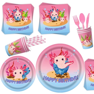 Pink Axolotl birthday party supplies set with paper plates cups and happy birthday banner