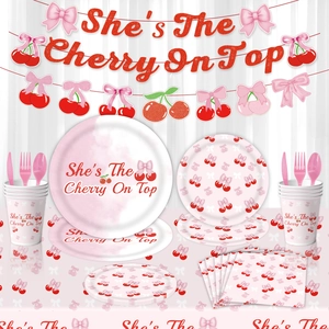 Roze Kers Strik Thema Party Servies Set Meisje Verjaardagsfeestje Decoratie Papieren Bord Beker Servet Banner Wegwerpservies
