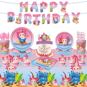 Detailed set of axolotl themed birthday party supplies with plates, banners and tableware