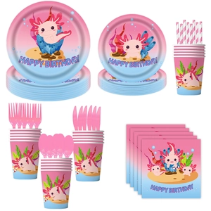 Detailed set of cute pink axolotl themed disposable party plates, cups and napkins