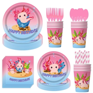 Pink axolotl themed party tableware set including plates, cups, and napkins for kids