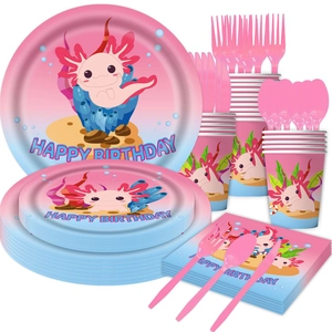 Pink Axolotl party supplies set with disposable plates, cups, and cutlery for kids' birthdays