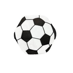 Soccer ball shaped paper napkins with black and white print for sports themed party decor