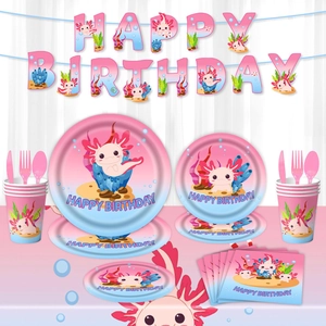 Axolotl Birthday Party Supplies Pink Blue Gradient Cartoon Dinosaur Disposable Paper Plates Napkins Cups Tablecloth Banner Balloons For Kids Decoration