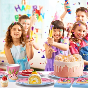 Pink Axolotl birthday party tableware set with paper plates, cups and Happy Birthday banner