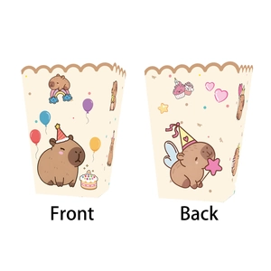 Vista fronte e retro delle scatole regalo Capybara con palloncini e grafiche di compleanno