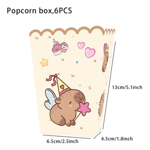 Dettaglio di 6 scatole per popcorn Capybara con illustrazioni di cartoni e dimensioni