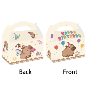 Vista fronte e retro delle scatole regalo per festa di compleanno a tema Capybara