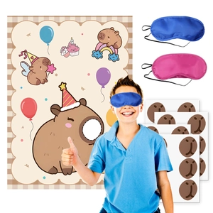 Dettaglio del gioco per feste Capybara con poster, maschere e adesivi per il naso