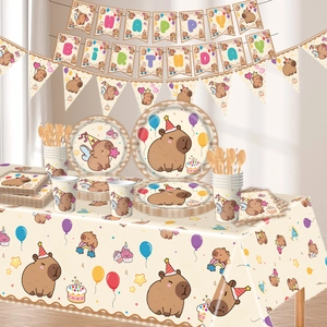 Set forniture per festa di compleanno a tema Capybara con piatti tazze bandiera e tovaglia