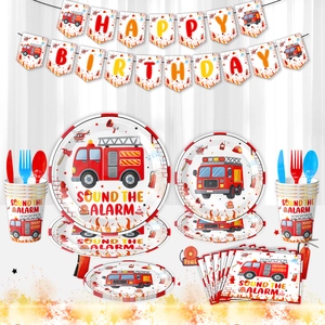 Vajilla para Fiesta de Cumpleaños Tema Camión de Bomberos Dibujos Animados Bombero Platos de Papel Vasos Servilletas Pancarta Mantel Decoración