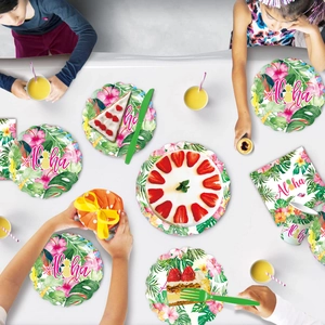 Hawaiian party tableware set with tropical hibiscus flowers and pineapple Aloha design