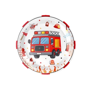 Plato de papel para fiesta de cumpleaños tema bomberos con camión de bomberos en acuarela