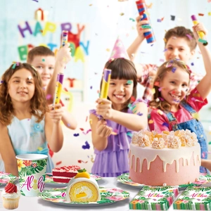 Close-up of Aloha tropical party set with floral paper plates, cups and napkins