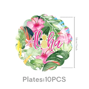 Detail of 7-inch tropical paper plates with hibiscus flower and pineapple patterns, 10-pack