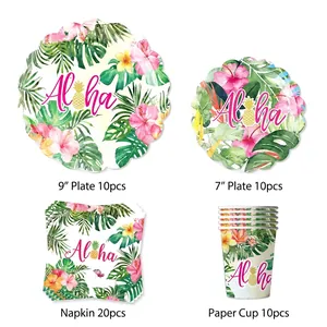 Hawaiian Flamingo party tableware set with Aloha prints, hibiscus, and palm leaves