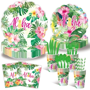 Tropical Hawaii party tableware set with pink hibiscus flowers and Aloha pineapple design
