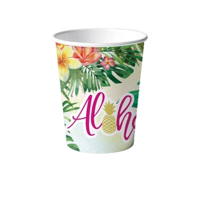 Hawaiian party paper cup featuring Aloha text, tropical flowers, and golden pineapple