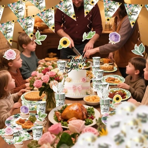 Floral Thanksgiving party tableware set with paper plates and banners for holiday dinner
